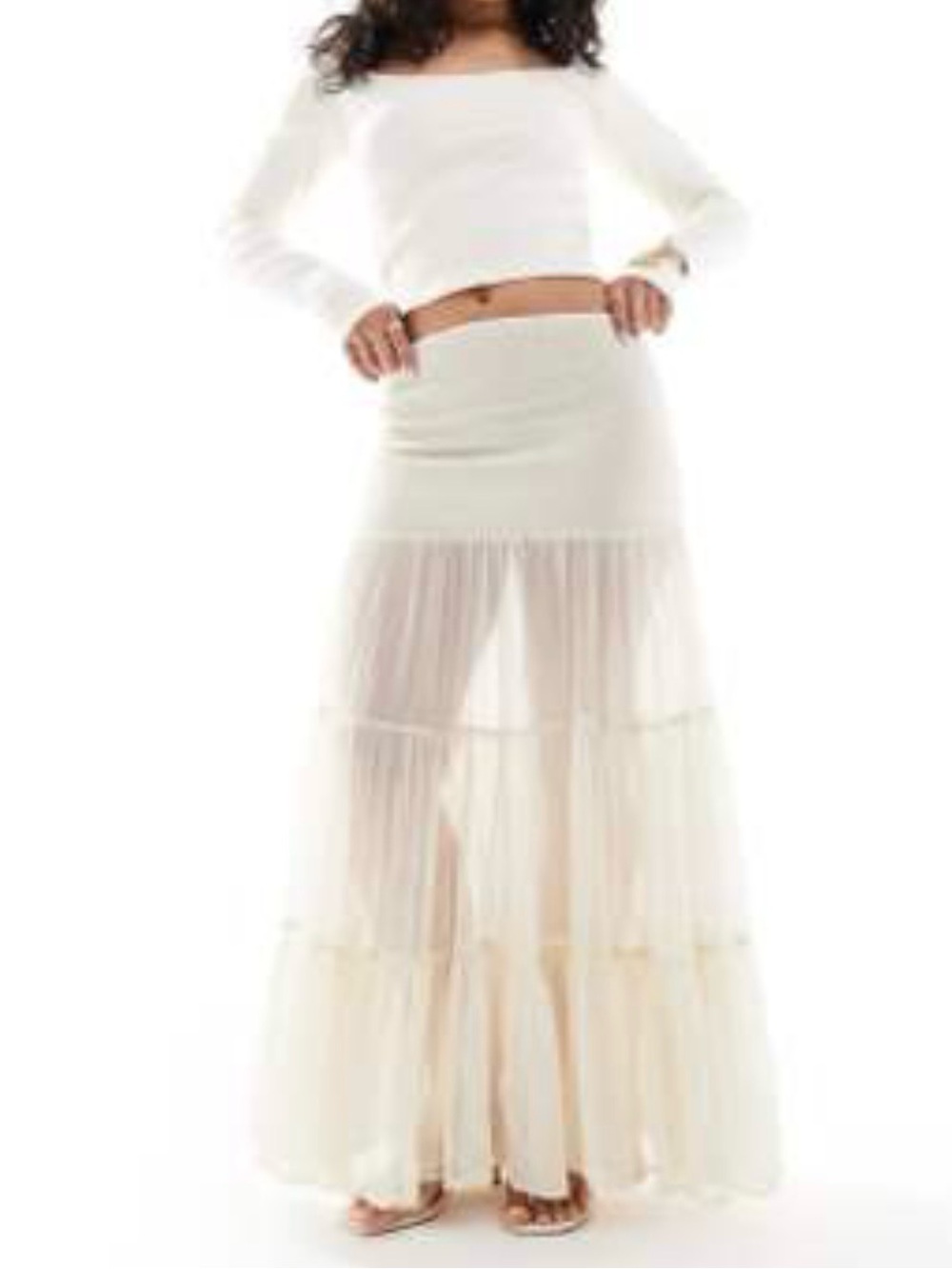Bershka Cream Tiered Sheer Maxi Skirt
